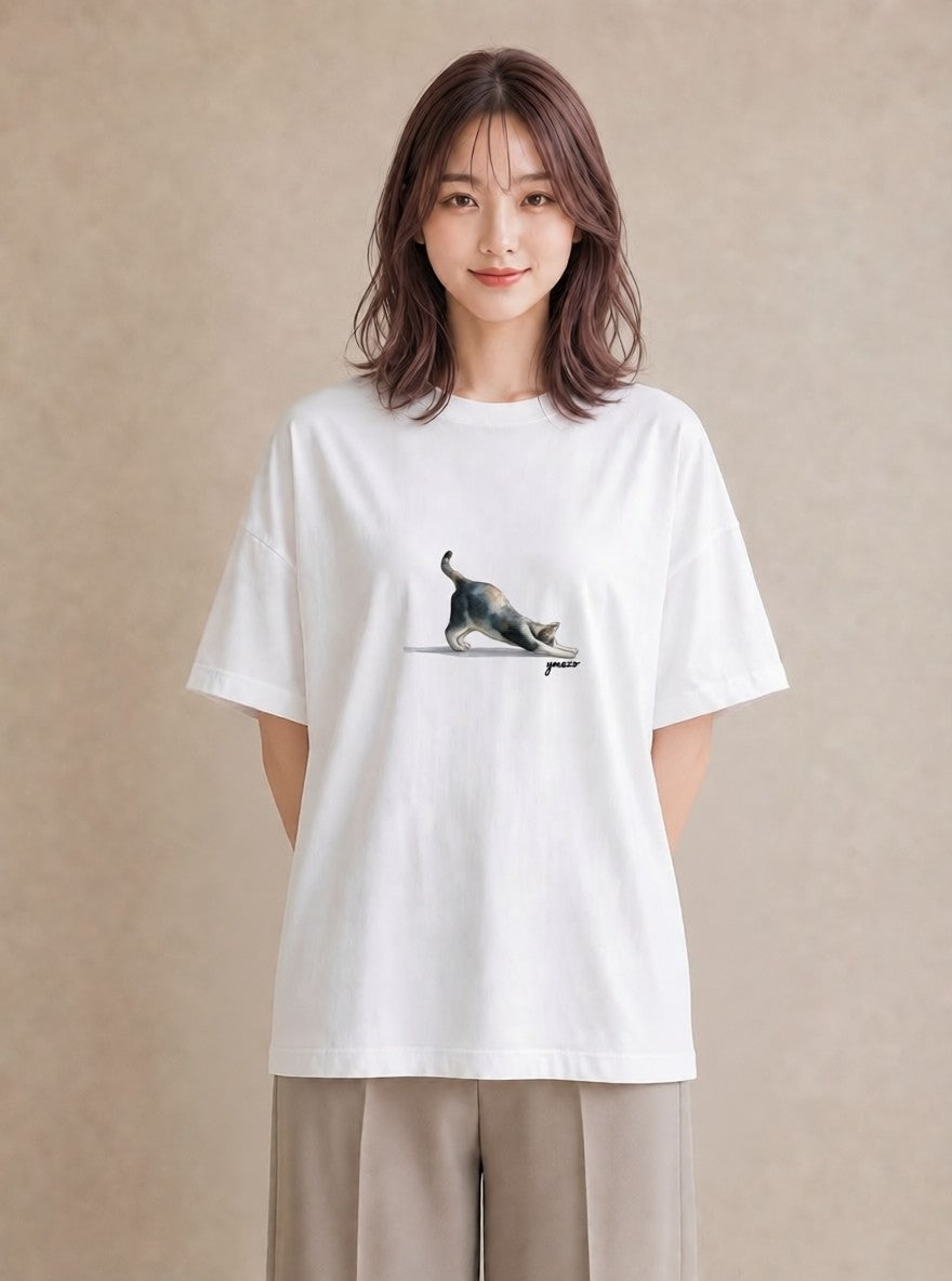 半袖Tシャツ レディース おすわり猫 猫 ねこ イラスト 淡色 送別ギフト 通勤 白T