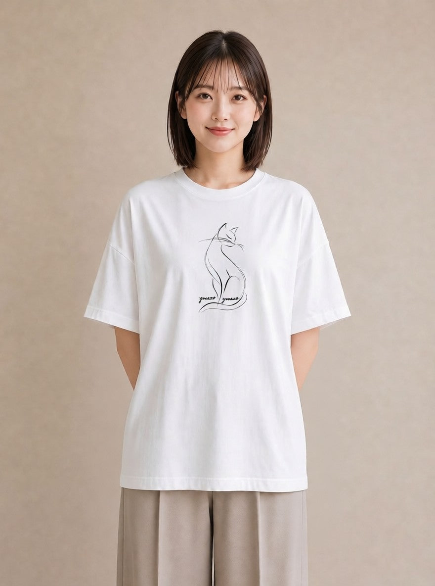 デザインTシャツ レディース 猫 ねこ ネコ イラスト 旅行コーデ 散歩 お出かけ 白T