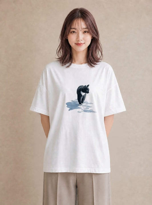 グラフィックTシャツ レディース 靴下猫 猫 ねこ イラスト 抜け感 自分用 ルームウェア 白T