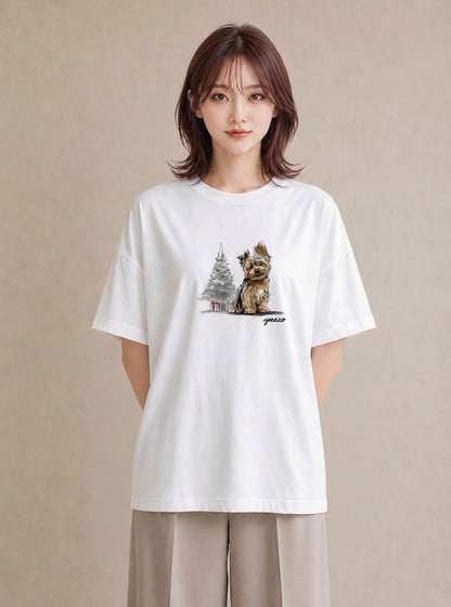 プリントTシャツ レディース ヨークシャーテリア 犬 いぬ イラスト ニュアンス 綿100 デート 白T