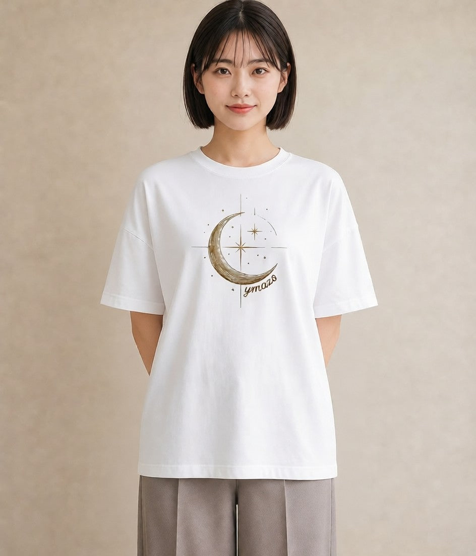 Tシャツ レディース 月と星 星空 ムーン イラスト シック お出かけ 普段着 白T