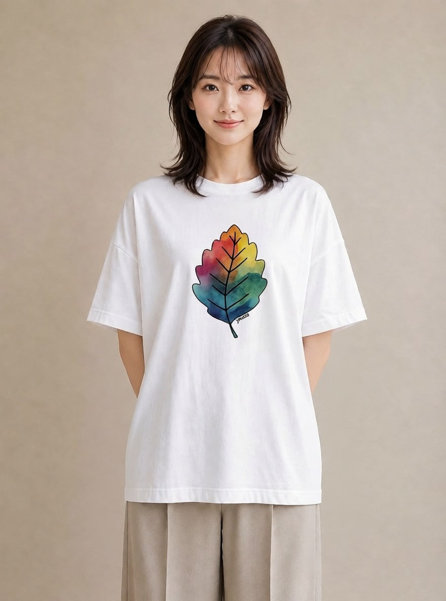 グラフィックTシャツ レディース 落ち葉 植物 ボタニカル イラスト 上品 誕生日プレゼント 綿100 白T