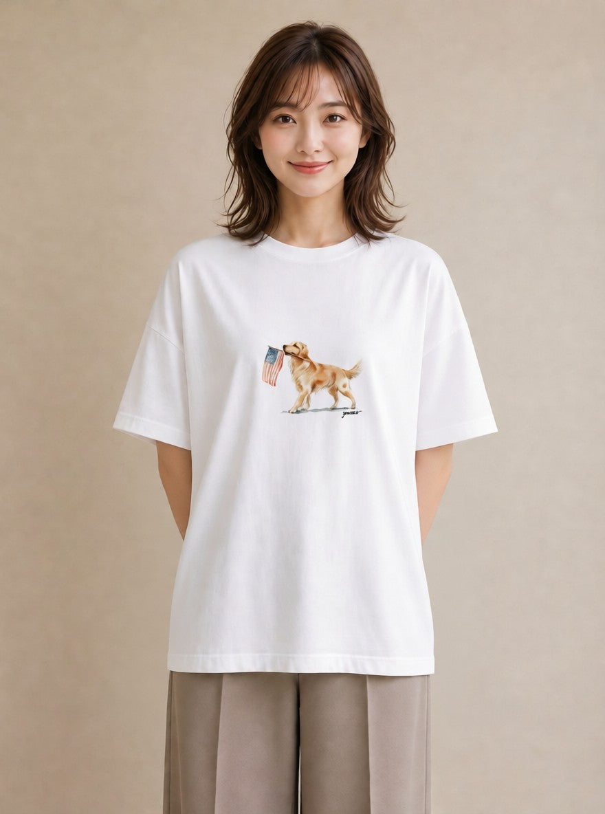 デザインTシャツ レディース ゴールデンレトリバー ゴールデン 犬 いぬ イラスト ガーリー カフェ服 クリスマス 白T