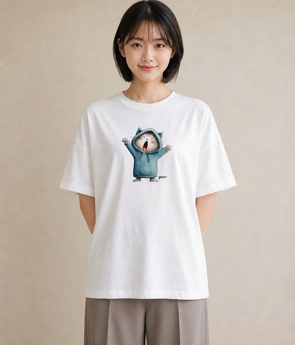 半袖Tシャツ レディース ニャンコ 猫 ねこ イラスト こなれ感 敬老の日 ホワイトデー 白T
