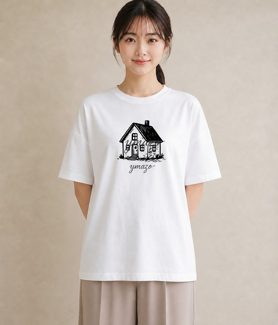 グラフィックTシャツ レディース 灯りの家 小屋 夜 ナチュラル アンティーク イラスト きれいめ カフェ巡り 女子会 白T