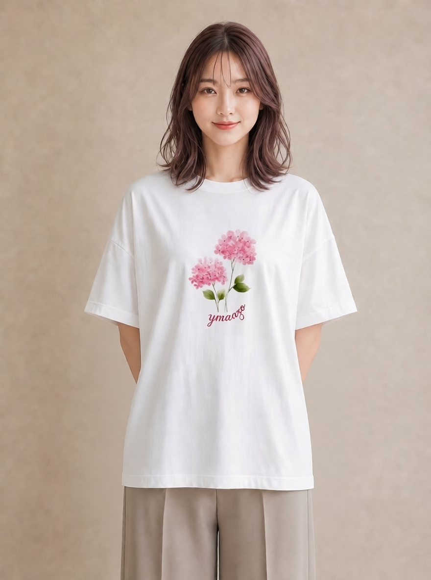 半袖Tシャツ レディース あじさい 紫陽花 アジサイ 花 花柄 イラスト 線画 休日 ペアコーデ 白T