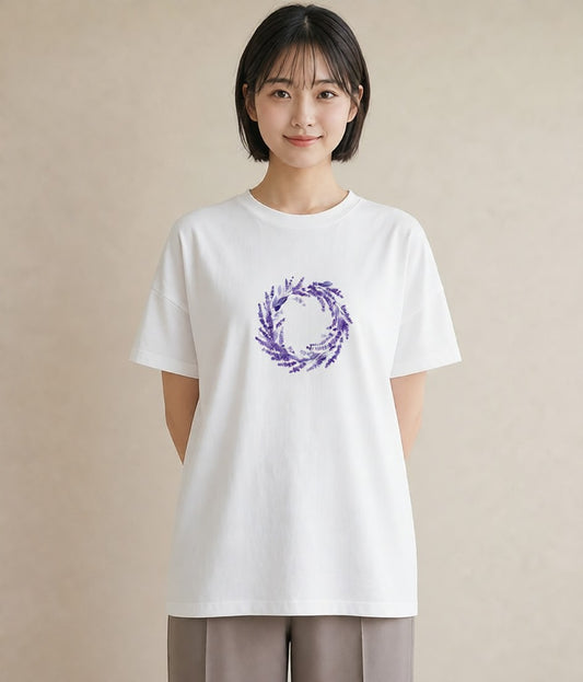 半袖Tシャツ レディース ラベンダー 花 花柄 イラスト 買い物 夏コーデ 白T