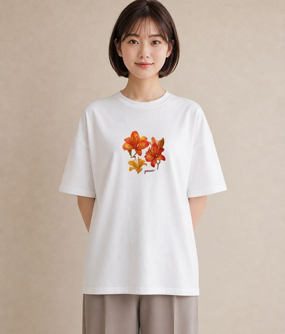 デザインTシャツ レディース ゆり 百合 花 花柄 イラスト 個性的 海 カフェ巡り 白T