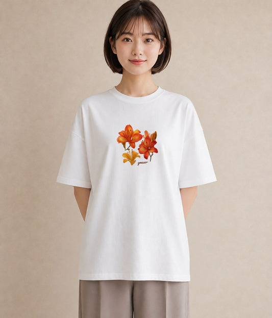デザインTシャツ レディース ゆり 百合 花 花柄 イラスト 個性的 海 カフェ巡り 白T