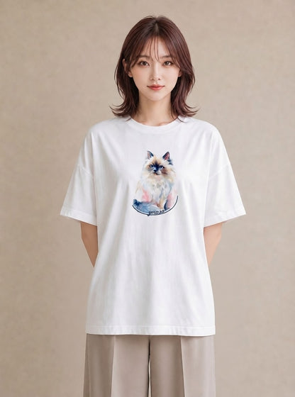 プリントTシャツ レディース ペルシャ 猫 ねこ イラスト きれいめカジュアル デイリーウェア 休日 白T