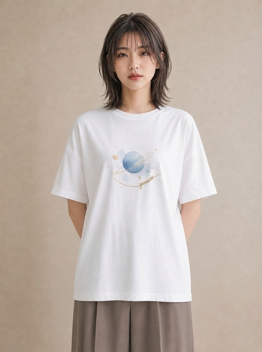 プリントTシャツ レディース 土星 星空 宇宙 イラスト カジュアル カジュアルコーデ 買い物 白T