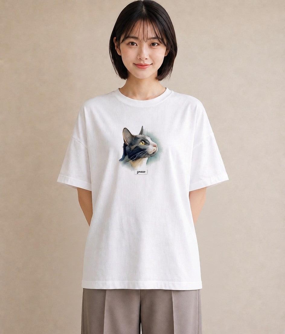 半袖Tシャツ レディース ハチワレ 白黒猫 猫 ねこ イラスト きれいめ ラフ レイヤード 白T