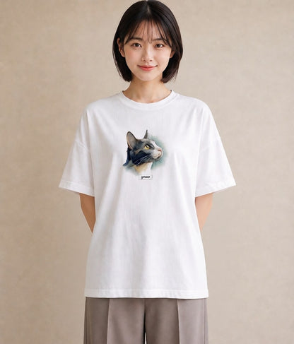 半袖Tシャツ レディース ハチワレ 白黒猫 猫 ねこ イラスト きれいめ ラフ レイヤード 白T