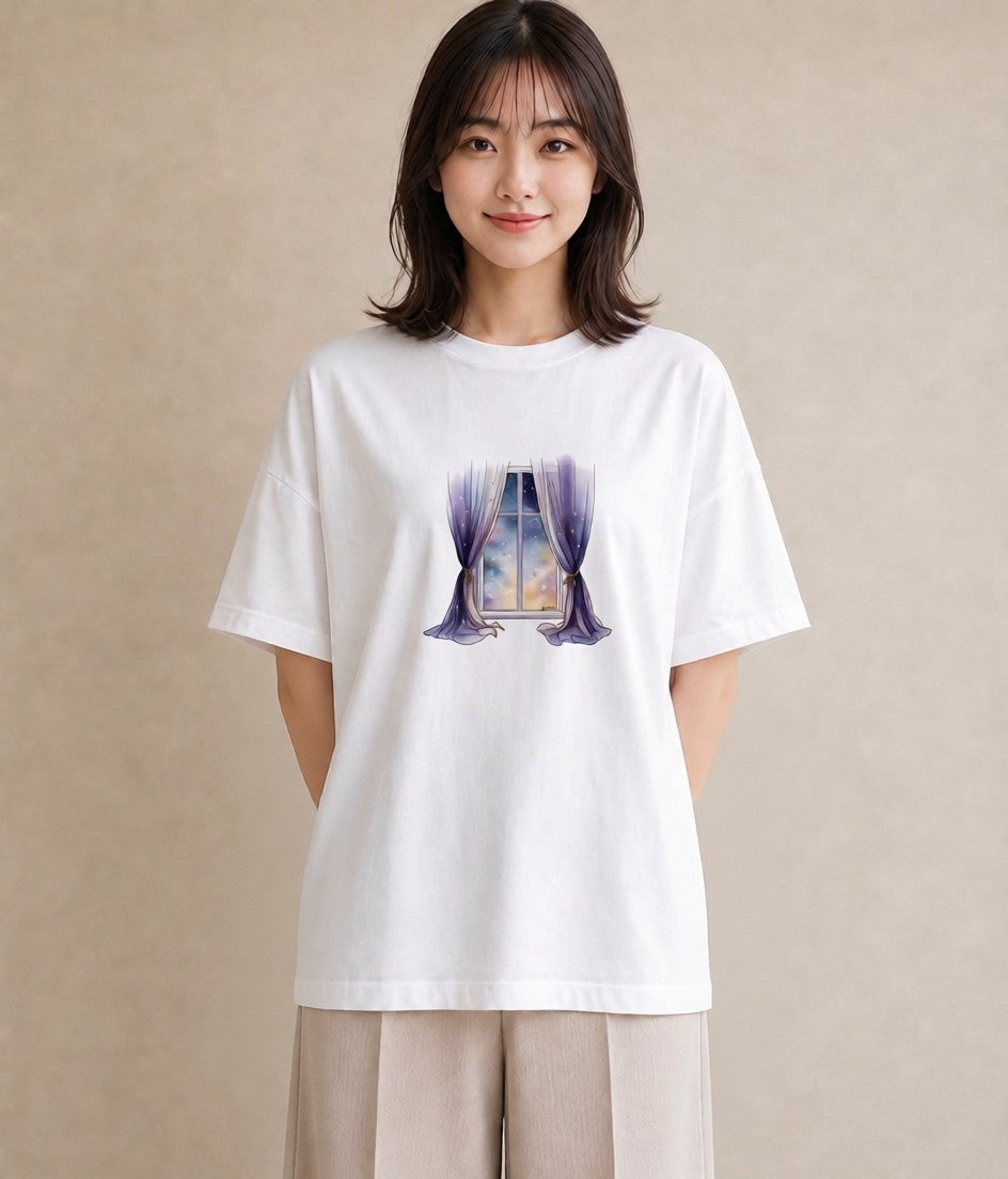 プリントTシャツ レディース 窓辺の雨 雨の日 窓 ナチュラル アンティーク イラスト カジュアル おしゃれギフト 社会人 白T