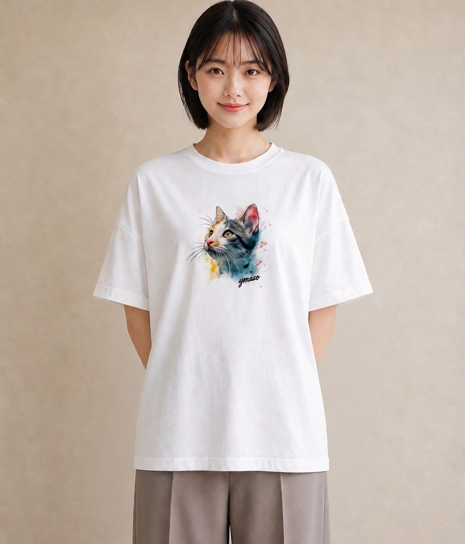 デザインTシャツ レディース アメリカンショートヘア 猫 ねこ イラスト ミセス 春コーデ 白T