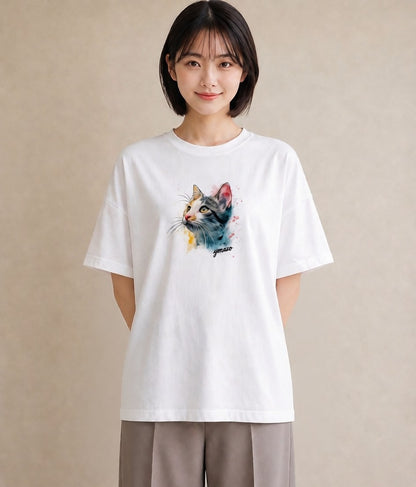 デザインTシャツ レディース アメリカンショートヘア 猫 ねこ イラスト ミセス 春コーデ 白T