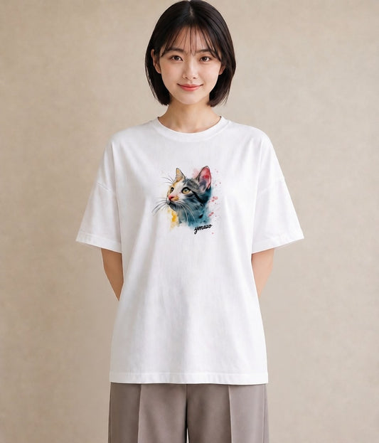 デザインTシャツ レディース アメリカンショートヘア 猫 ねこ イラスト ミセス 春コーデ 白T