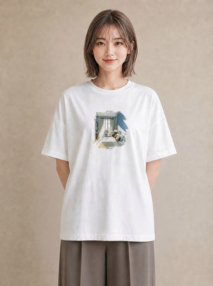 プリントTシャツ レディース 窓辺の椅子 窓辺 椅子 ナチュラル アンティーク イラスト ミニマル クリスマス 旅行 白T