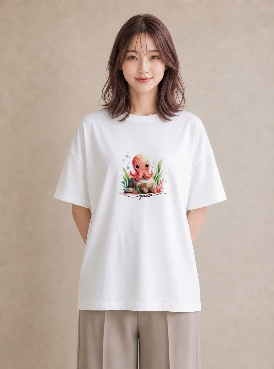 グラフィックTシャツ レディース イカ 海の生き物 海 イラスト 北欧風 敬老の日 ホワイトデー 白T