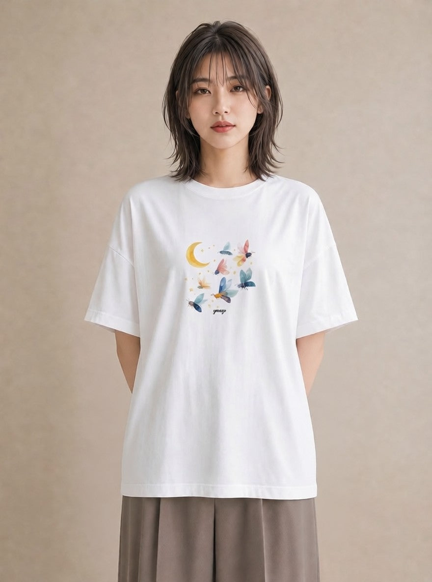 半袖Tシャツ レディース 満月 星空 宇宙 イラスト 上品 散歩 お出かけ 白T