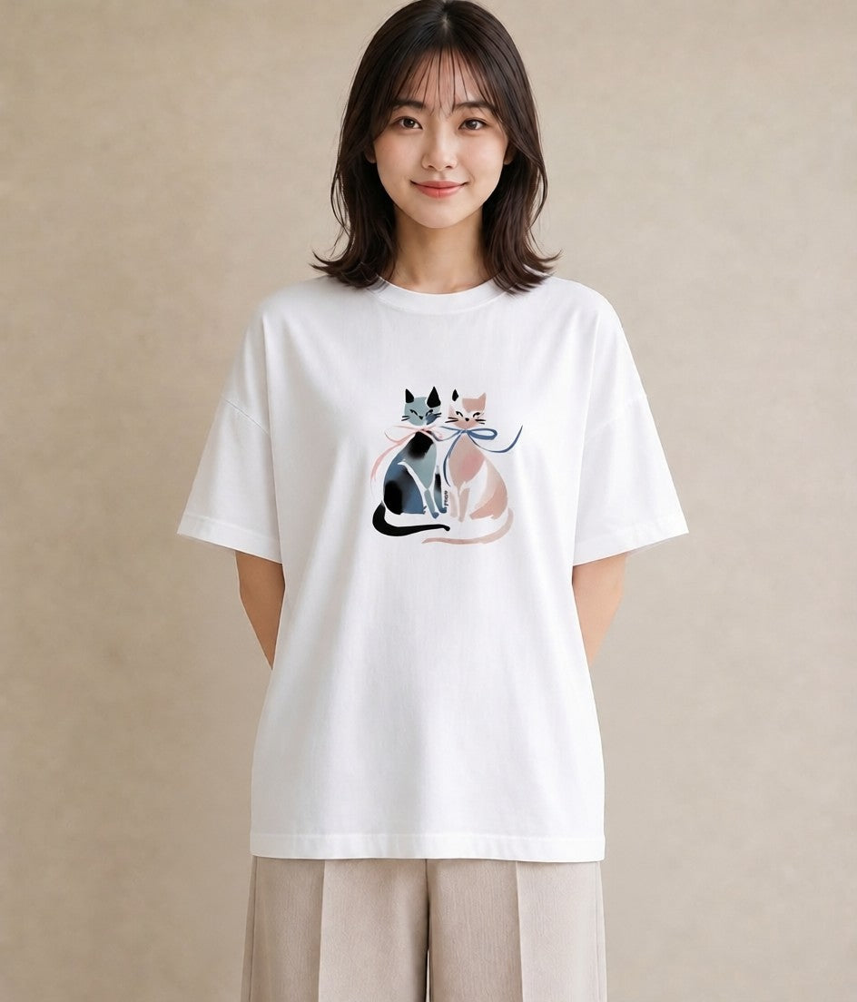 デザインTシャツ レディース ハチワレ 白黒猫 猫 ねこ イラスト 在宅 公園 白T