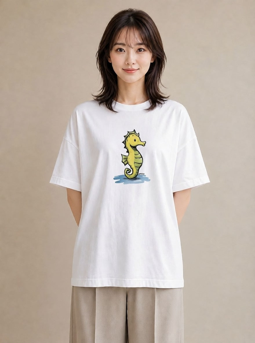 半袖Tシャツ レディース タツノオトシゴ 海の生き物 海 イラスト 旅行コーデ 女性 旅行用 白T