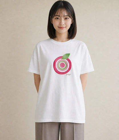 プリントTシャツ レディース りんご 林檎 アップル 食べ物 フード イラスト 韓国風 春服 ミセス 白T