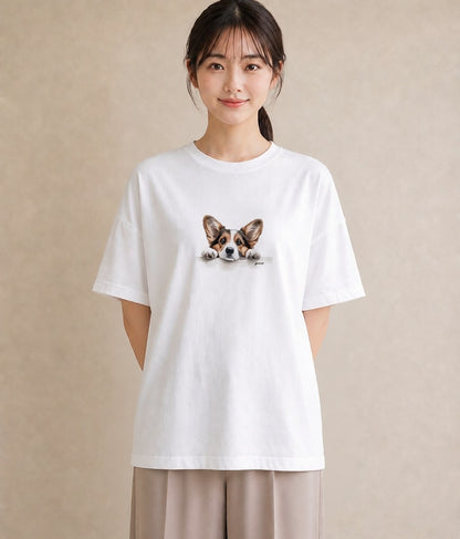 半袖Tシャツ レディース ウェルシュコーギー コーギー 犬 いぬ イラスト ニュアンス 綿100 デート 白T