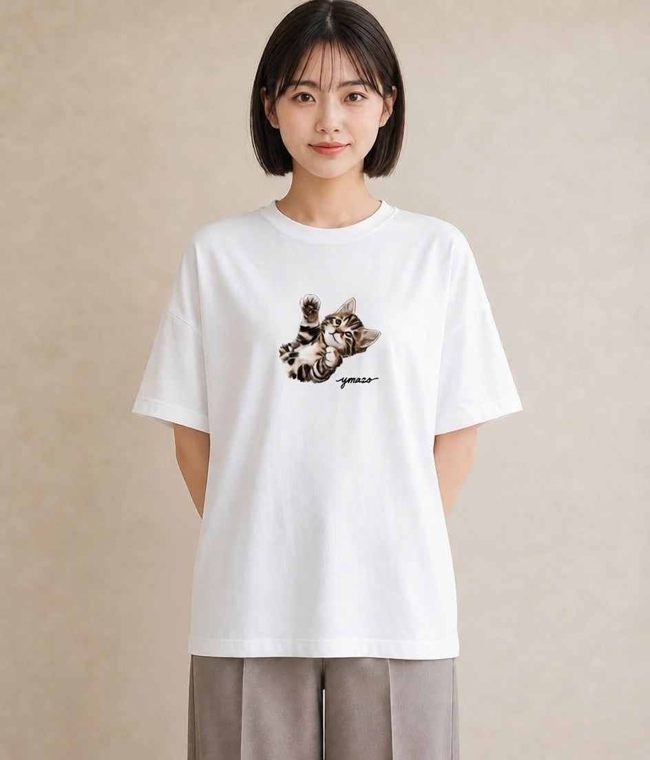 デザインTシャツ レディース 猫の手 猫 ねこ イラスト アート風 休日 ペアコーデ 白T