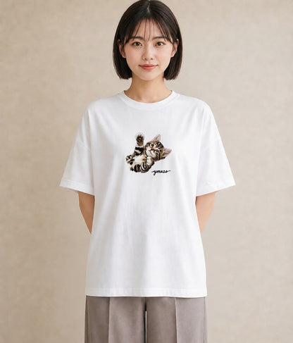 デザインTシャツ レディース 猫の手 猫 ねこ イラスト アート風 休日 ペアコーデ 白T