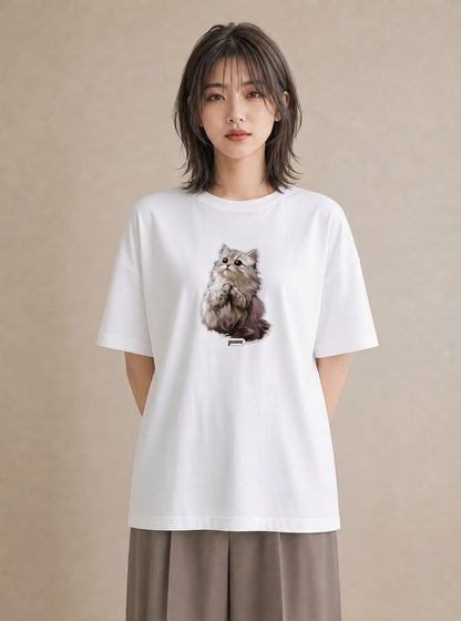 半袖Tシャツ レディース おすわり猫 猫 ねこ イラスト 手描き風 レイヤード 友達ギフト 白T