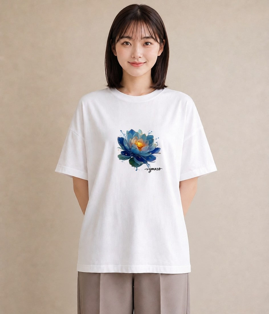 Tシャツ レディース 蓮 花 花柄 イラスト レトロ 休日 ペアコーデ 白T