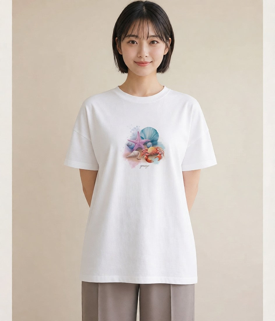 Tシャツ レディース ヒトデ 海の生き物 海 イラスト 旅行コーデ 普段着 週末コーデ 白T