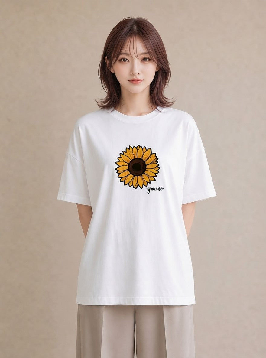 半袖Tシャツ レディース ひまわり 向日葵 花 花柄 イラスト ナチュラル 送別ギフト 通勤 白T