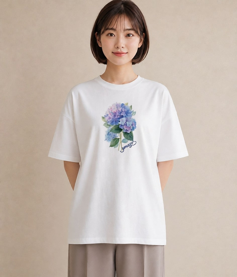 プリントTシャツ レディース あじさい 紫陽花 アジサイ 花 花柄 イラスト 夏コーデ 通学 白T