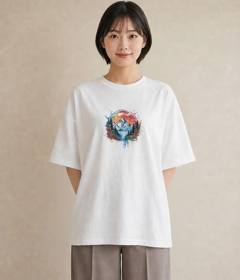 プリントTシャツ レディース 山 星空 宇宙 イラスト きれいめカジュアル お出かけ 普段着 白T
