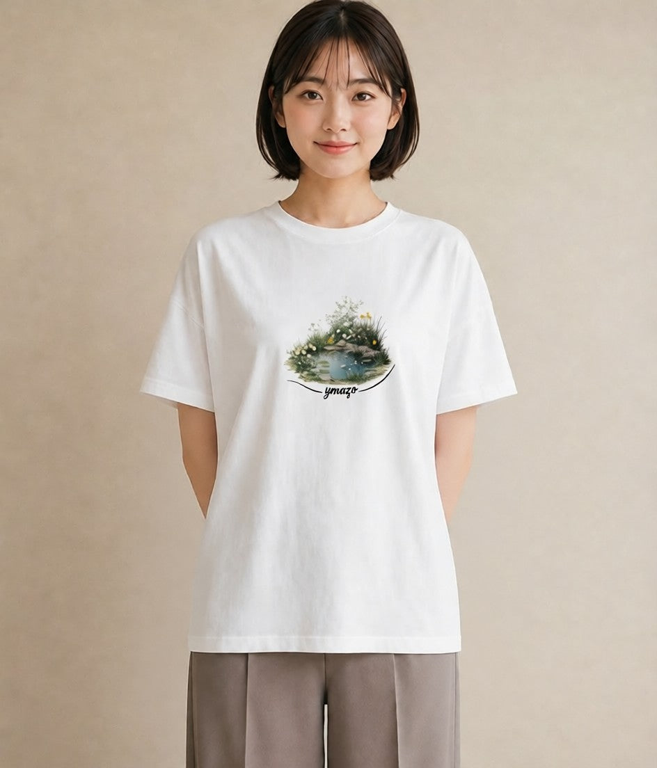 グラフィックTシャツ レディース 桟橋 水辺 波止場 ナチュラル アンティーク イラスト 線画 友達ギフト 部屋着 白T
