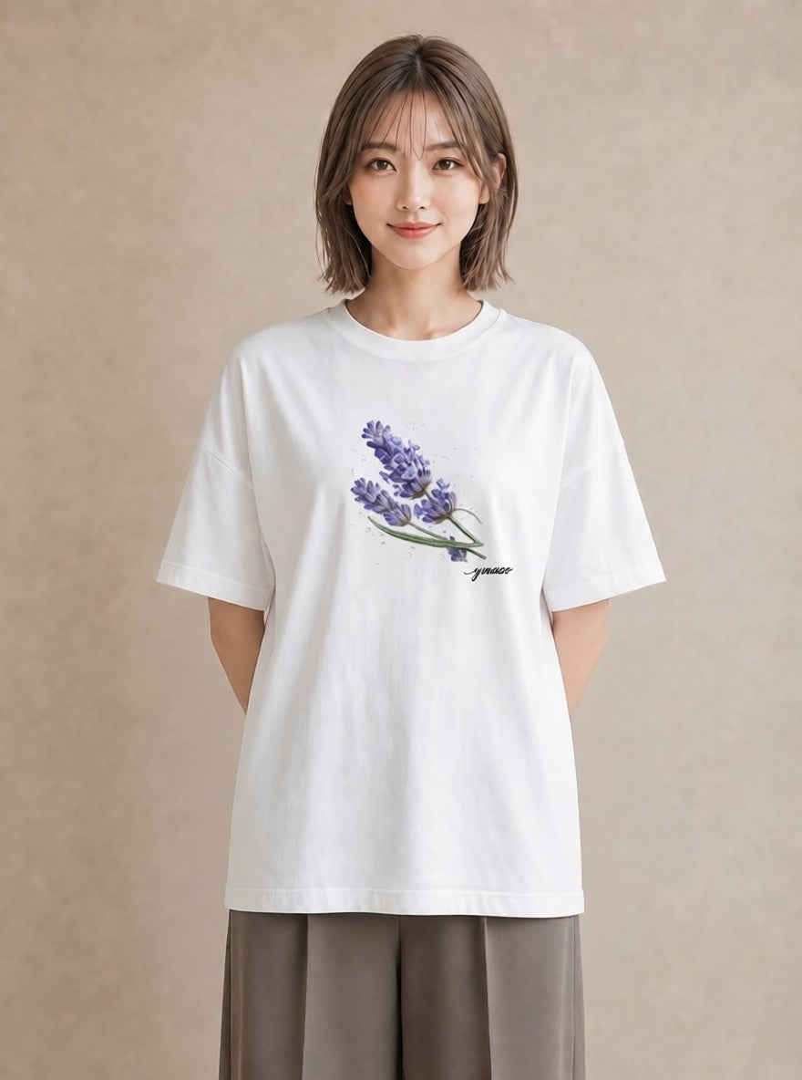 プリントTシャツ レディース ラベンダー 花 花柄 イラスト ペアコーデ 秋コーデ 白T