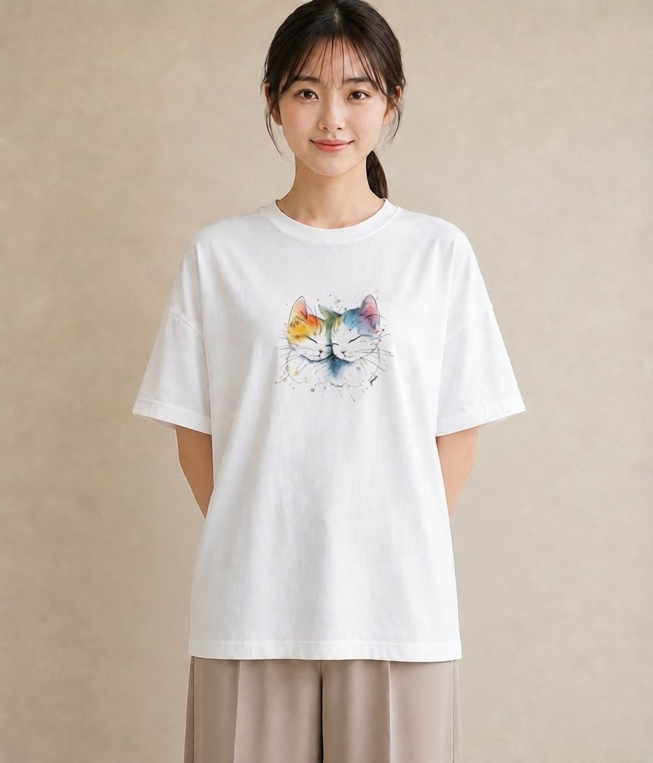 プリントTシャツ レディース ニャンコ 猫 ねこ イラスト こなれ感 デイリーウェア 休日 白T