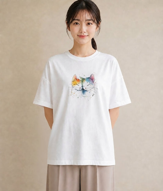 プリントTシャツ レディース ニャンコ 猫 ねこ イラスト こなれ感 デイリーウェア 休日 白T