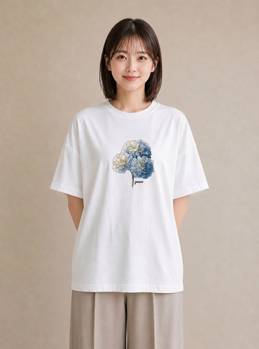 グラフィックTシャツ レディース あじさい 紫陽花 アジサイ 花 花柄 イラスト ラフカジュアル 敬老の日 ホワイトデー 白T