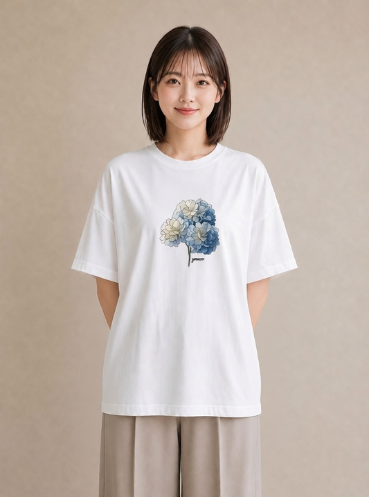 グラフィックTシャツ レディース あじさい 紫陽花 アジサイ 花 花柄 イラスト ラフカジュアル 敬老の日 ホワイトデー 白T