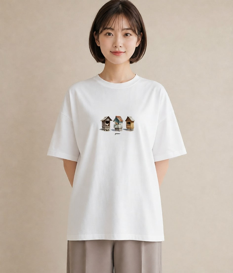半袖Tシャツ レディース 遠い家と鳥 風景 鳥 ナチュラル アンティーク イラスト 北欧風 海 カフェ巡り 白T