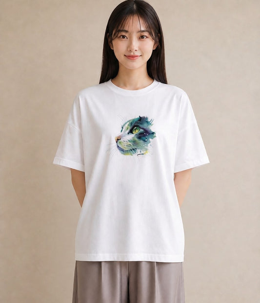 デザインTシャツ レディース ぶち猫 猫 ねこ イラスト ラフ 親子 20代 白T