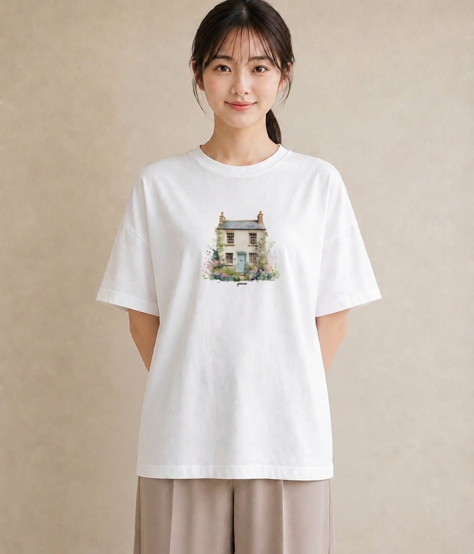 プリントTシャツ レディース 灯りの家 小屋 夜 ナチュラル アンティーク イラスト 普段使い 姉妹 送別ギフト 白T