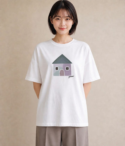 デザインTシャツ レディース 灯りの家 小屋 夜 ナチュラル アンティーク イラスト 通学 誕生日プレゼント 白T