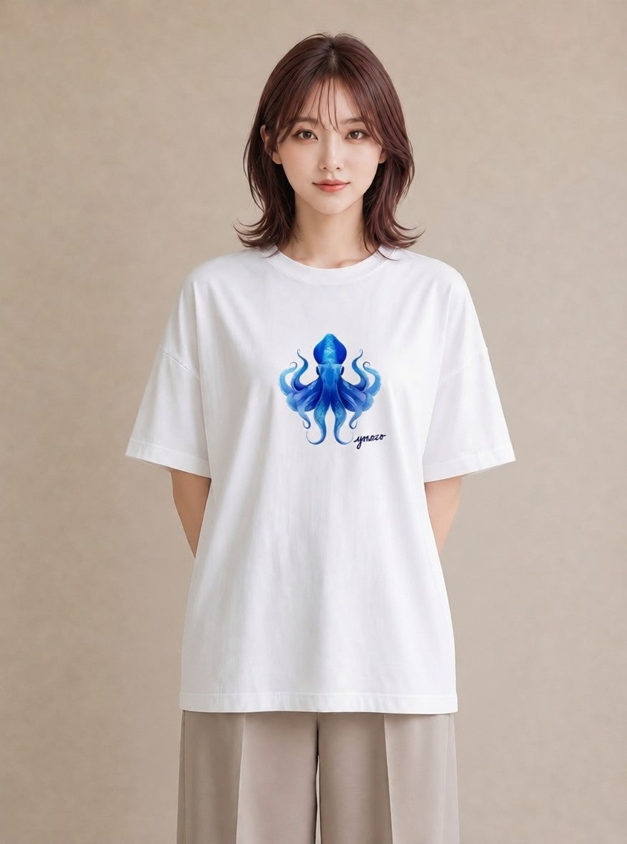 グラフィックTシャツ レディース イカ 海の生き物 海 イラスト ニュアンス カフェ服 クリスマス 白T