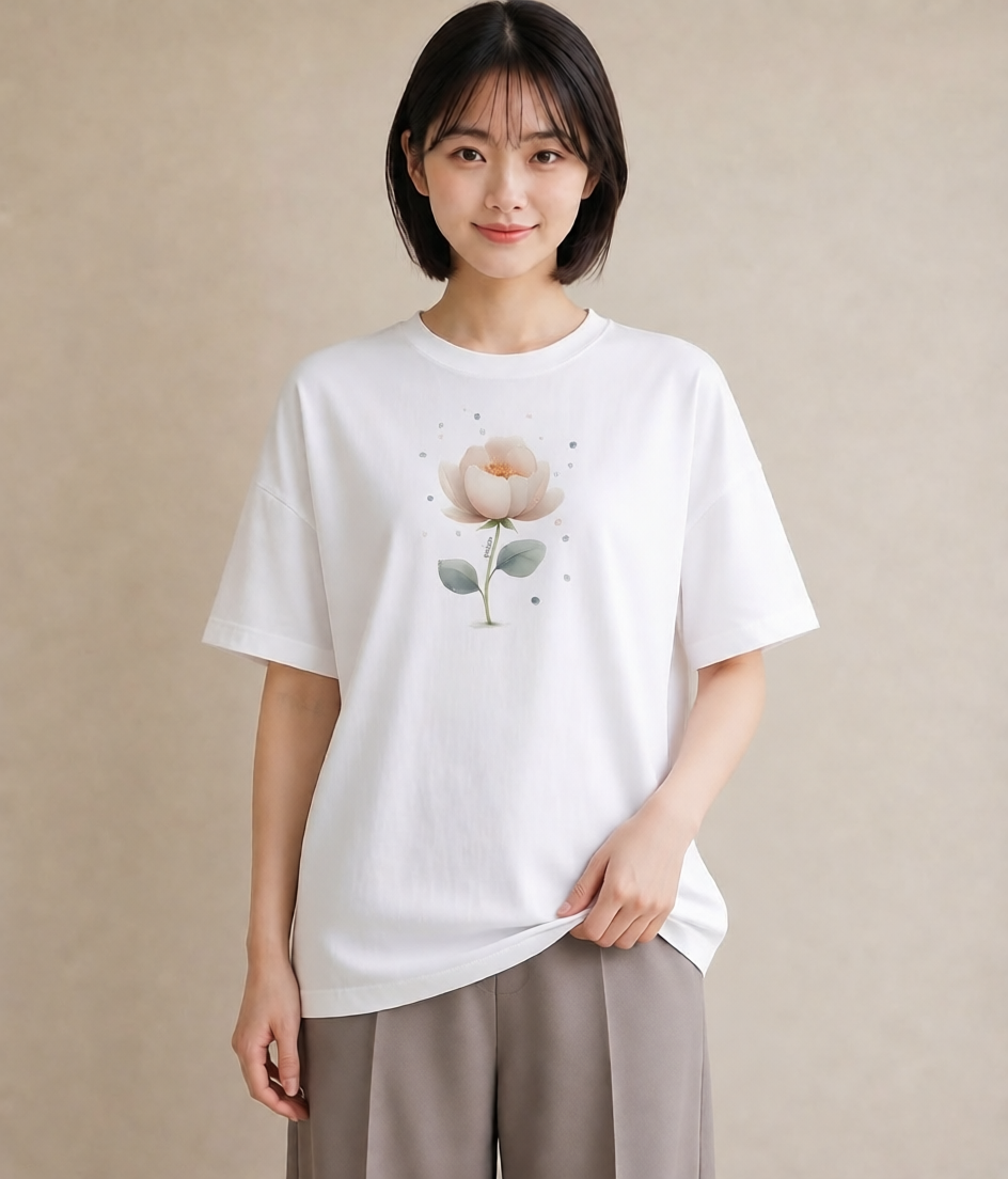 半袖Tシャツ レディース 蓮 花 花柄 イラスト 淡色 旅行用 海 白T