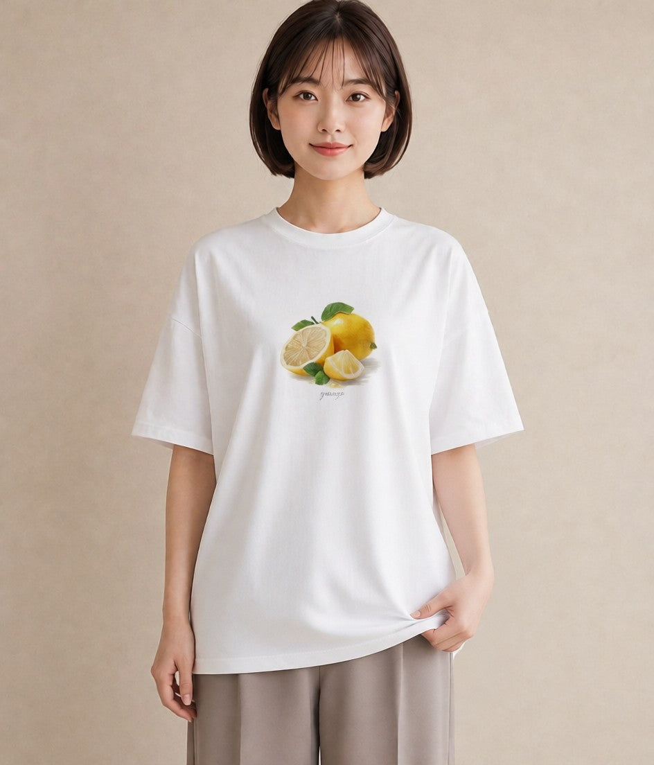 Tシャツ レディース レモン 檸檬 食べ物 フード イラスト 個性的 春服 ミセス 白T