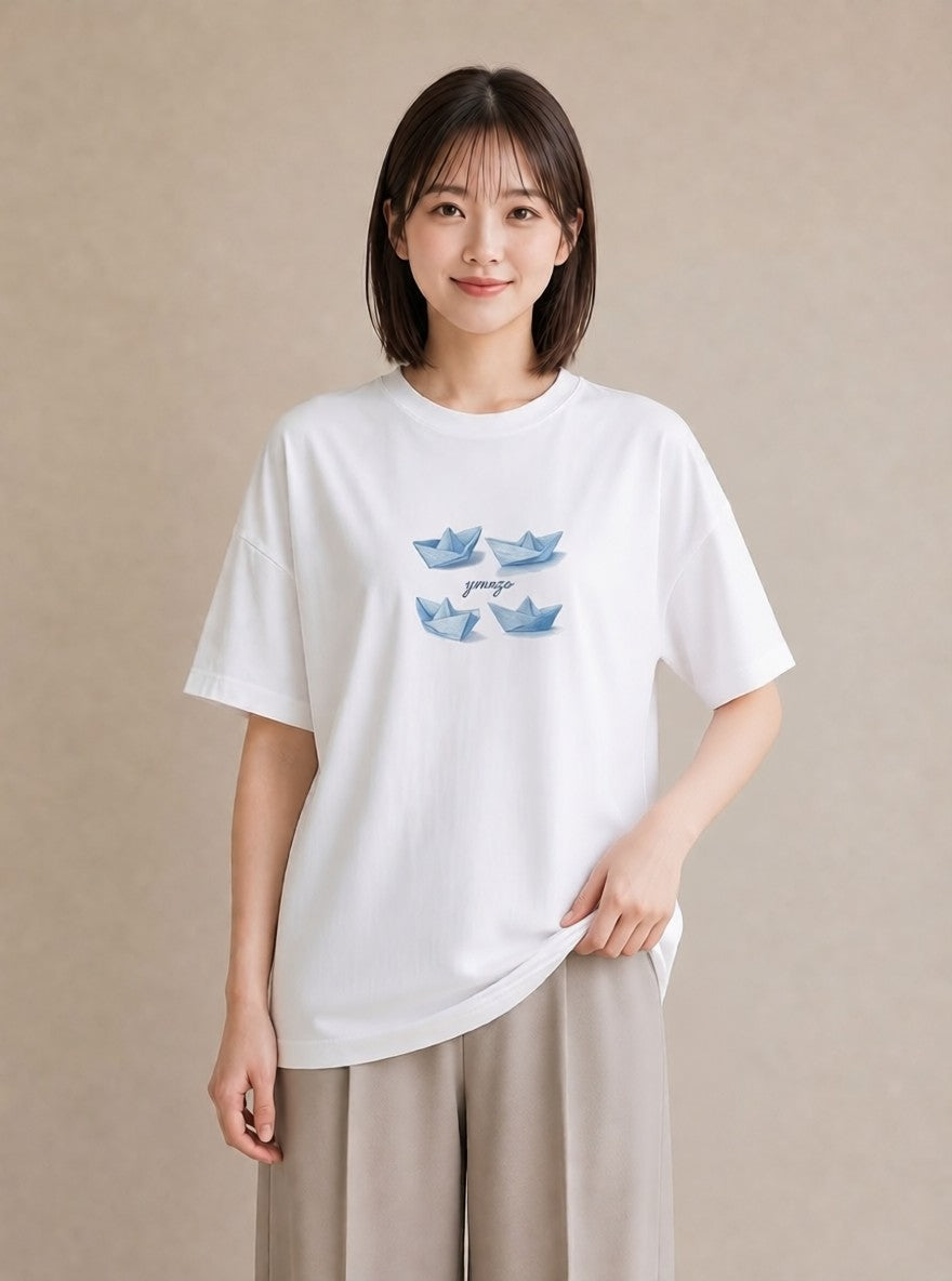 グラフィックTシャツ レディース 紙の船 水辺 ナチュラル アンティーク イラスト ミニマル 社会人 女性 白T